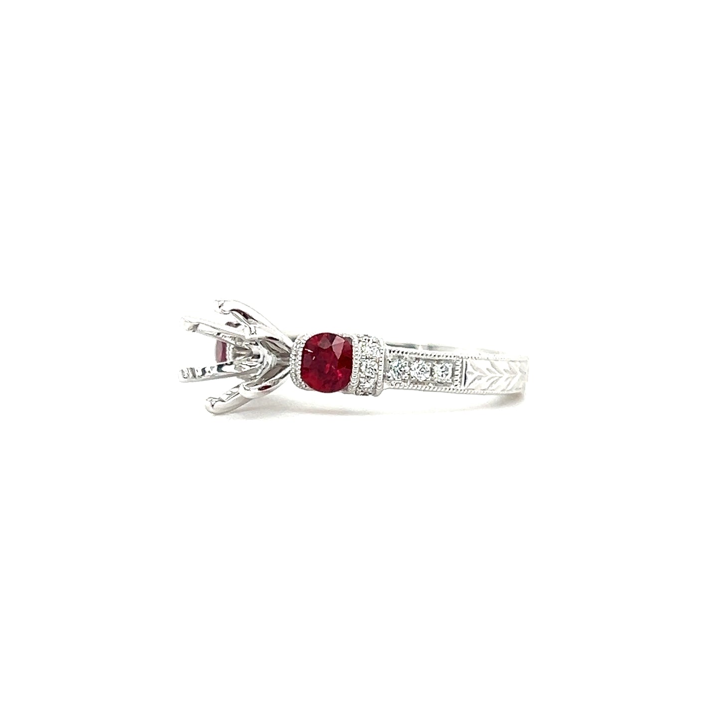 Ruby Three Stone Ring Setting with 0.16ctw of Diamonds in 14K White Gold Right Side View