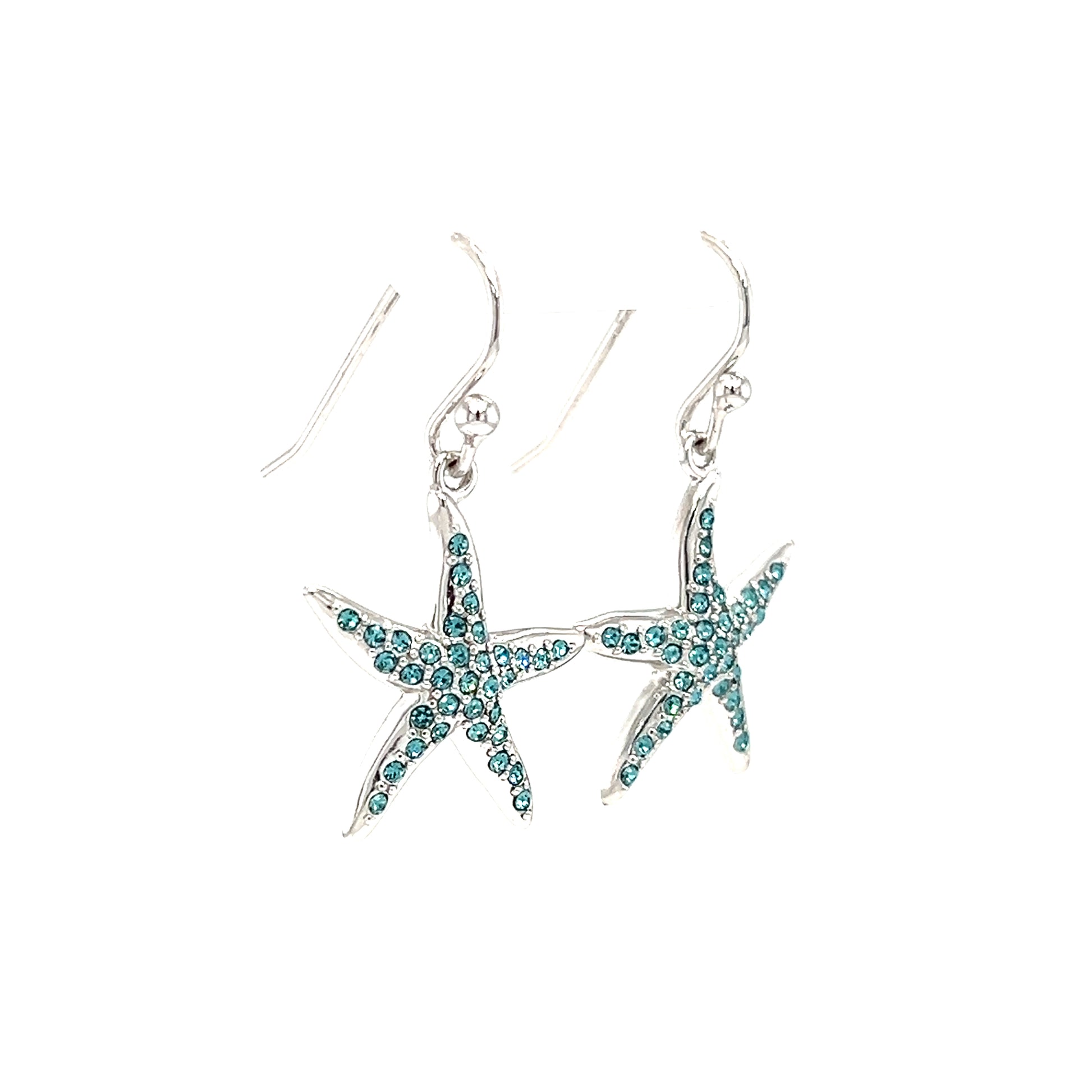 Starfish Dangle Earrings with Aquamarine Crystals in Sterling Silver Left Side View