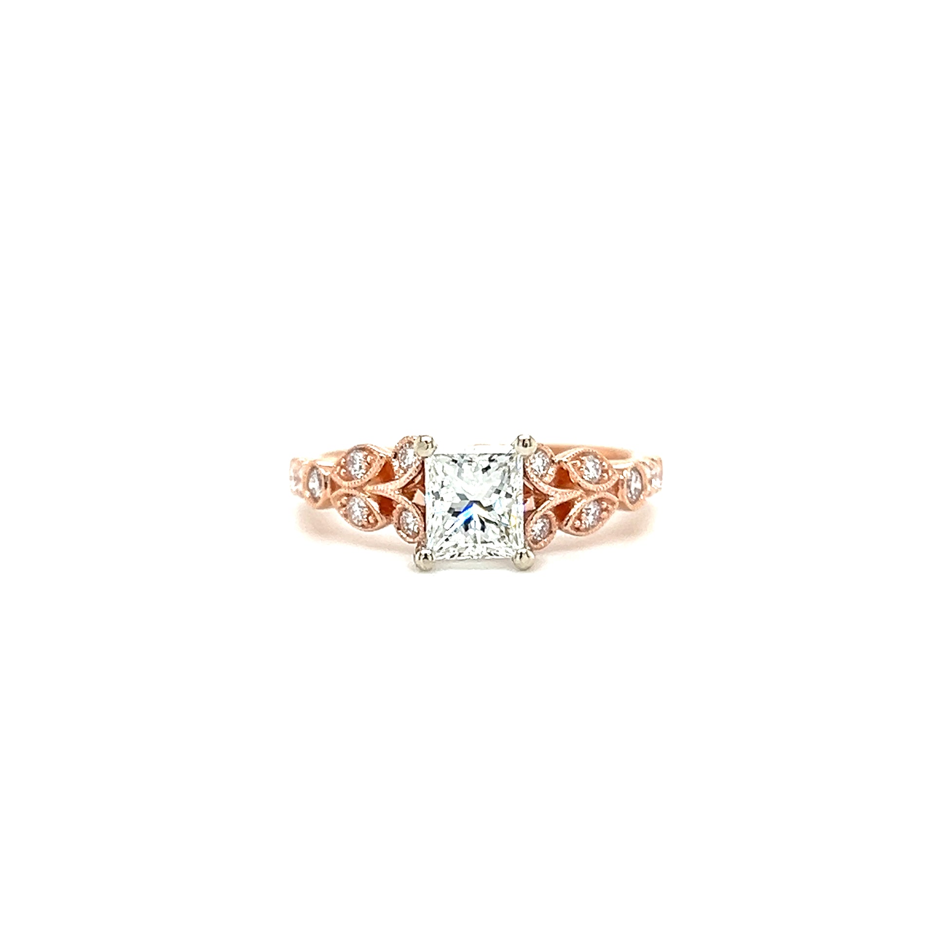 Floral 0.92ct Diamond Ring with 0.26ctw of Side Diamonds in 14K White and Rose Gold Front View