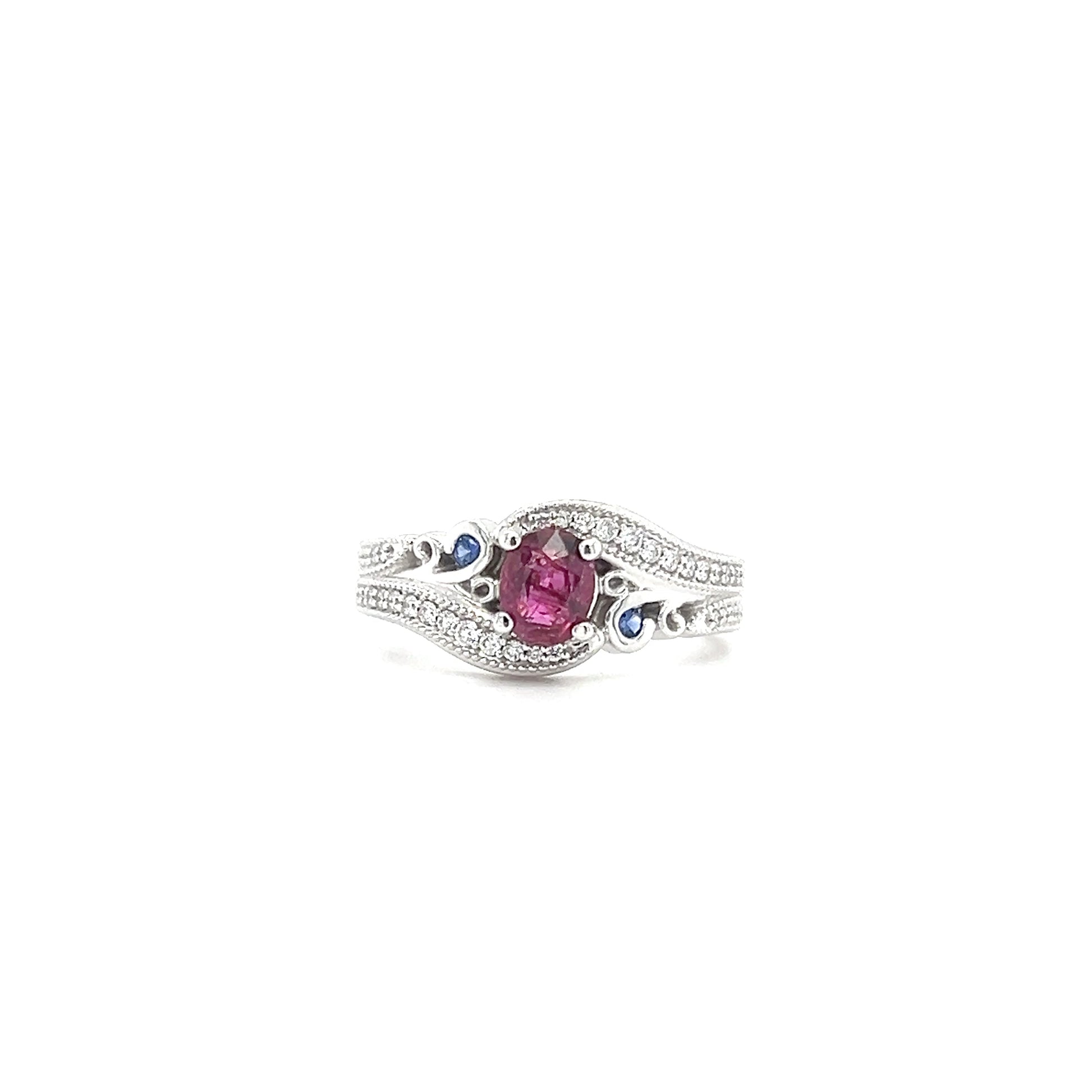 Bypass Ruby Ring with Two Sapphires and Forty-Two Side Diamonds in 14K White Gold Front View