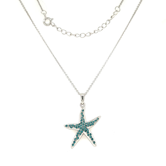 Starfish Necklace with Aquamarine Crystals in Sterling Silver Full Necklace View