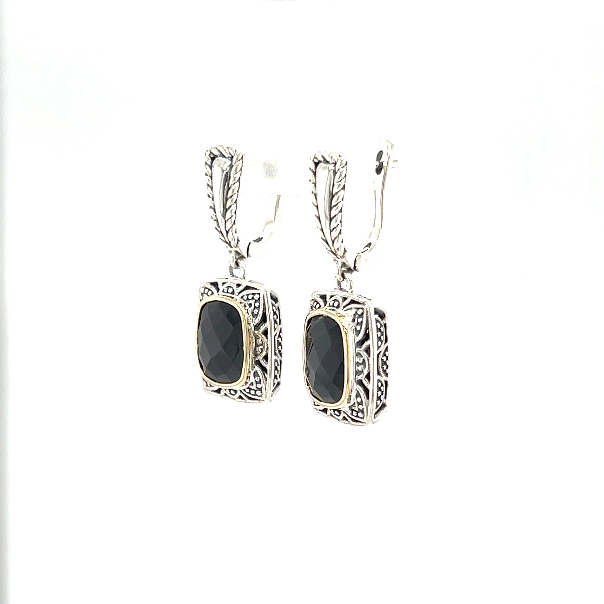 Onyx Dangle Earrings with 14K Yellow Gold Accents in Sterling Silver Left Side