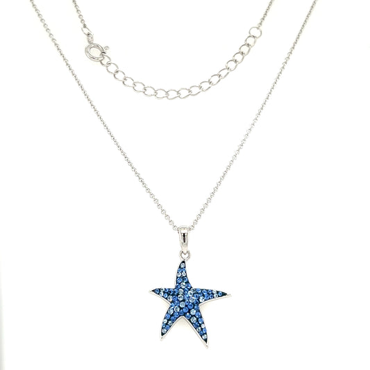 Blue Starfish Necklace with Blue and White Crystals in Sterling Silver Full Necklace View