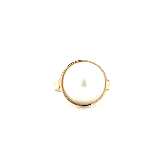 White Pearl Ring with 8mm Mabe Pearl in 14K Yellow Gold Front View