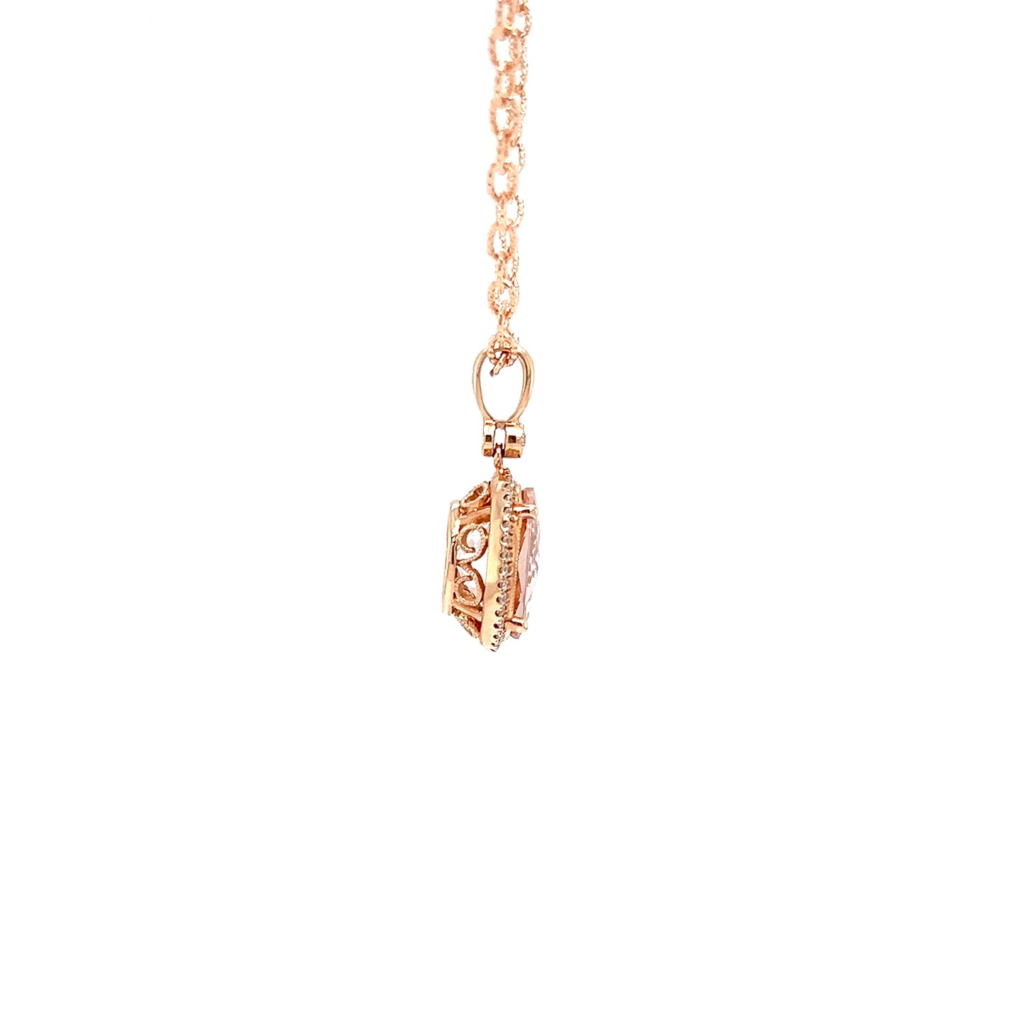 Oval Morganite Necklace with Diamond Halo in 14K Rose Gold. Basket Left View