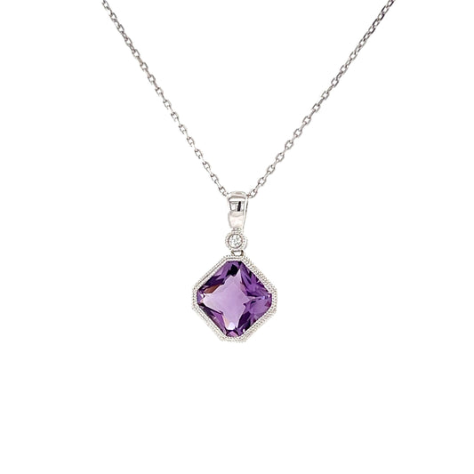Asscher Amethyst Pendant with One Diamond in 14K White Gold Front View