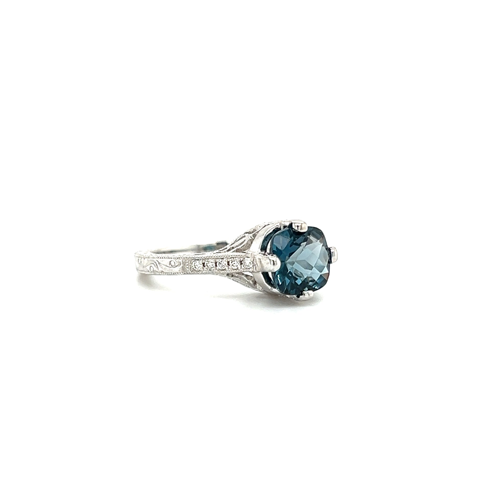 Filigree London Blue Topaz Ring with Side Diamonds in 14K White Gold. Left Side View