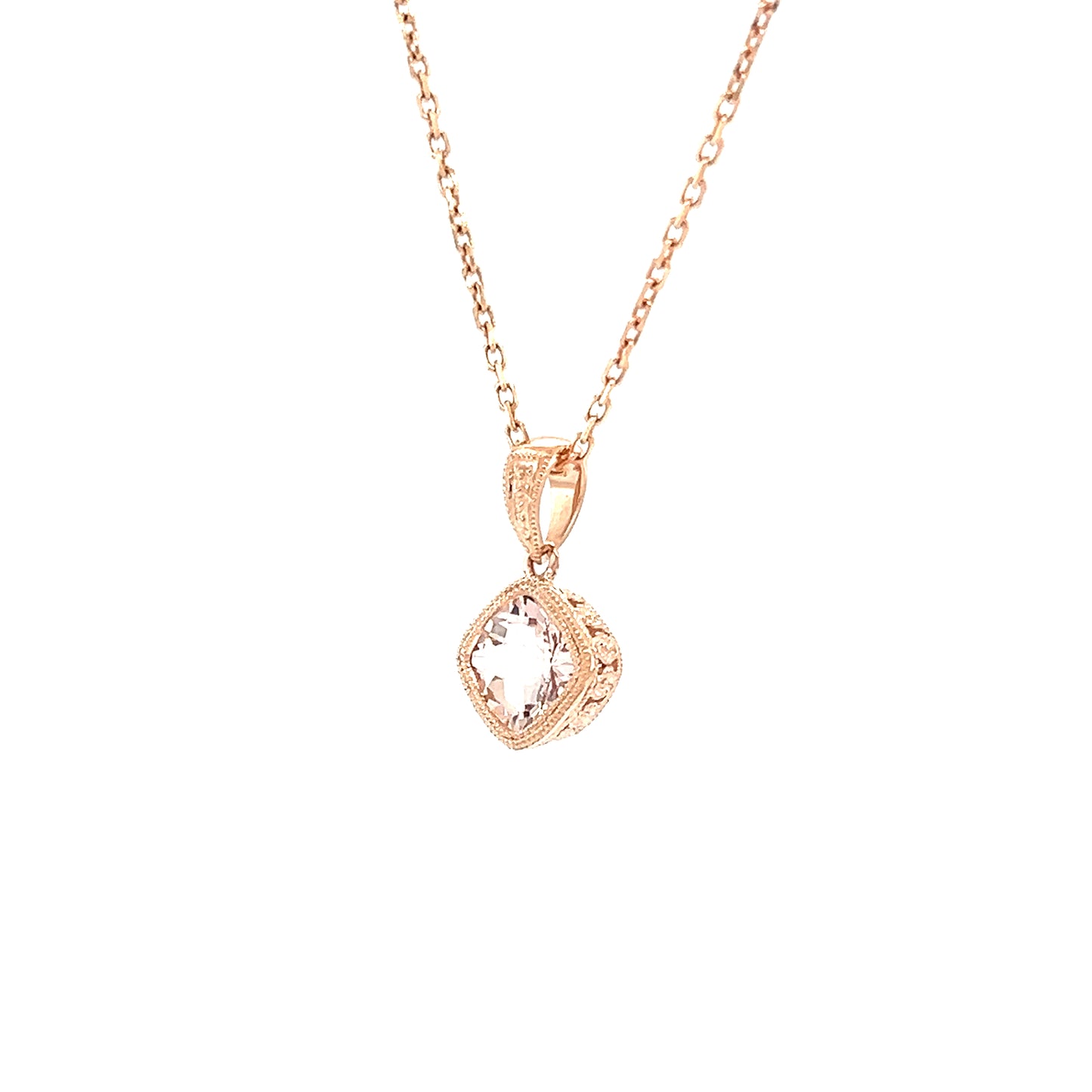 Cushion Morganite Pendant with Filigree and Milgrain Details in 14K Rose Gold Right Side View