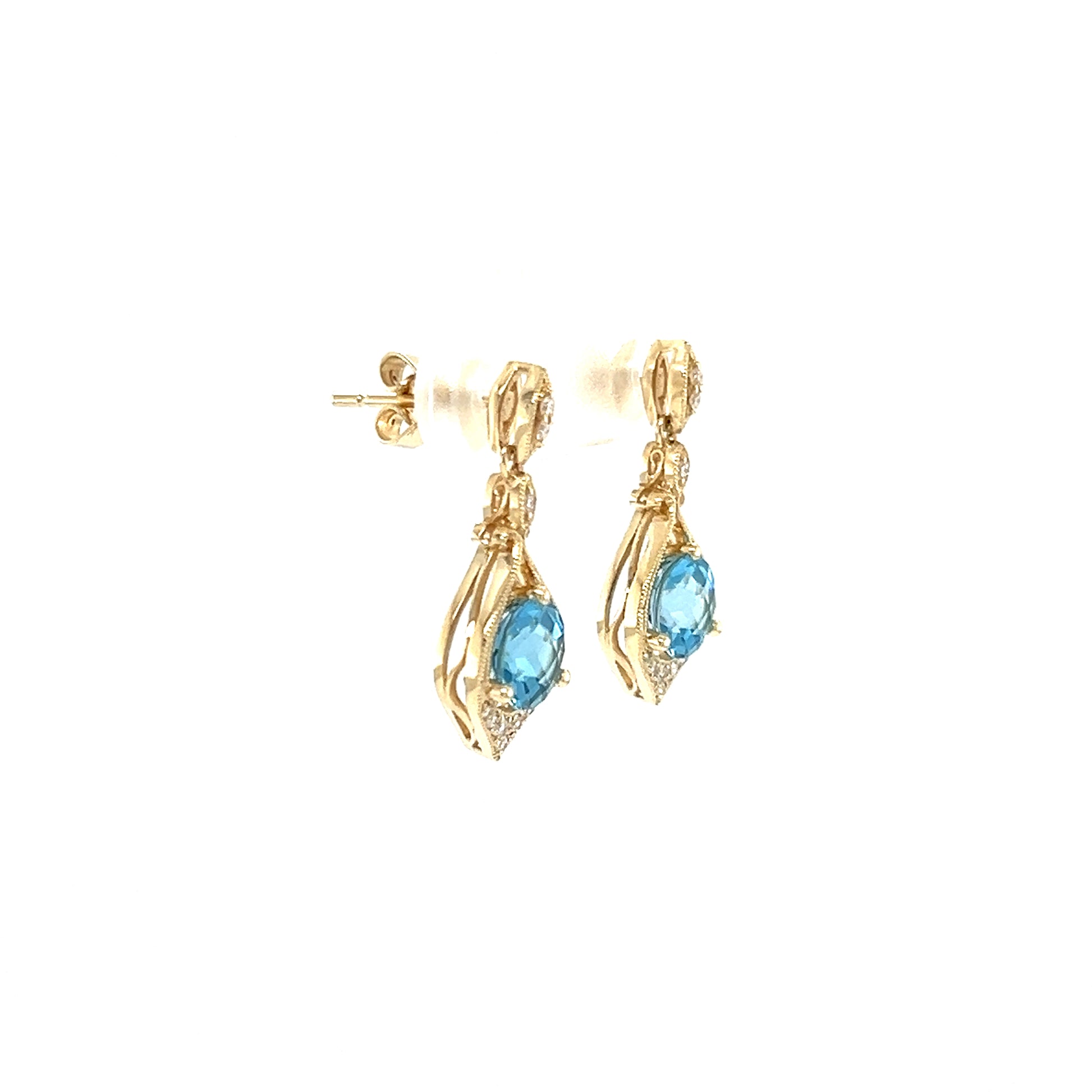 Round Blue Topaz Drop Earrings with Twenty Diamonds in 14K Yellow Gold. Left Side View