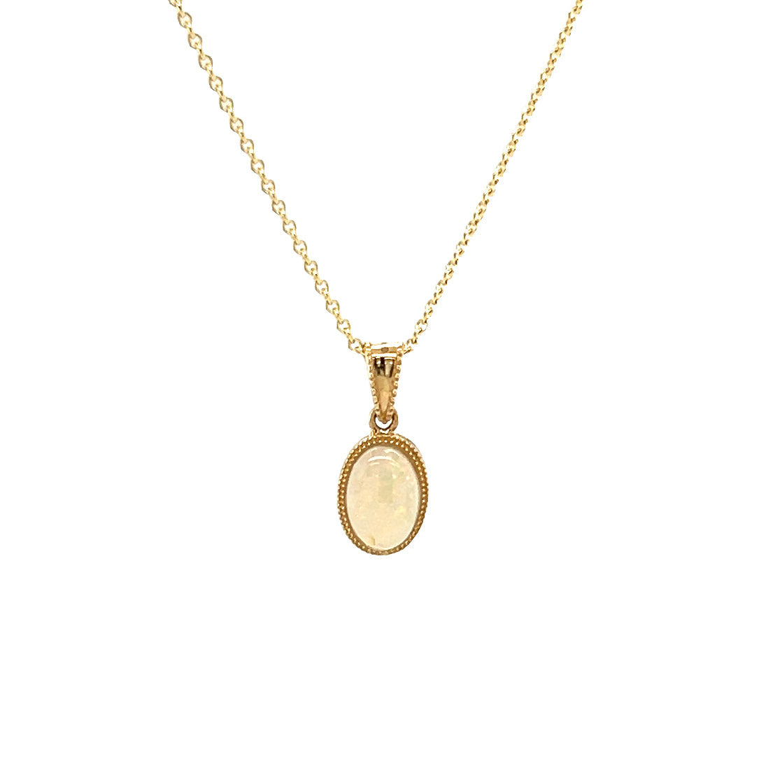 White Opal Pendant with Engraving and Milgrain Details in 14K Yellow Gold Pendant and Chain Front View