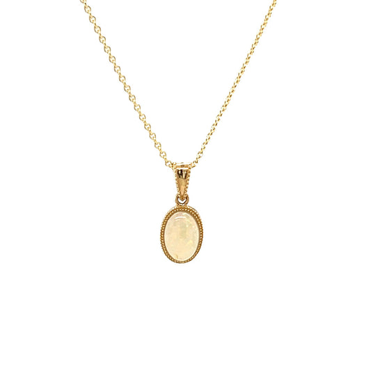 White Opal Pendant with Engraving and Milgrain Details in 14K Yellow Gold Pendant and Chain Front View
