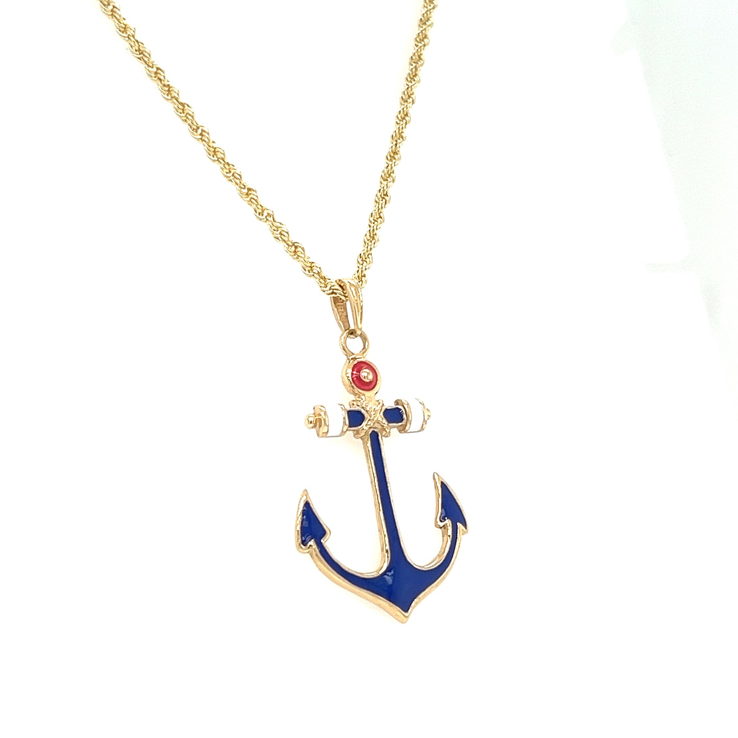 Anchor Pendant with Red White and Blue Enamel in 14K Yellow Gold Pendant on Chain Left Side View