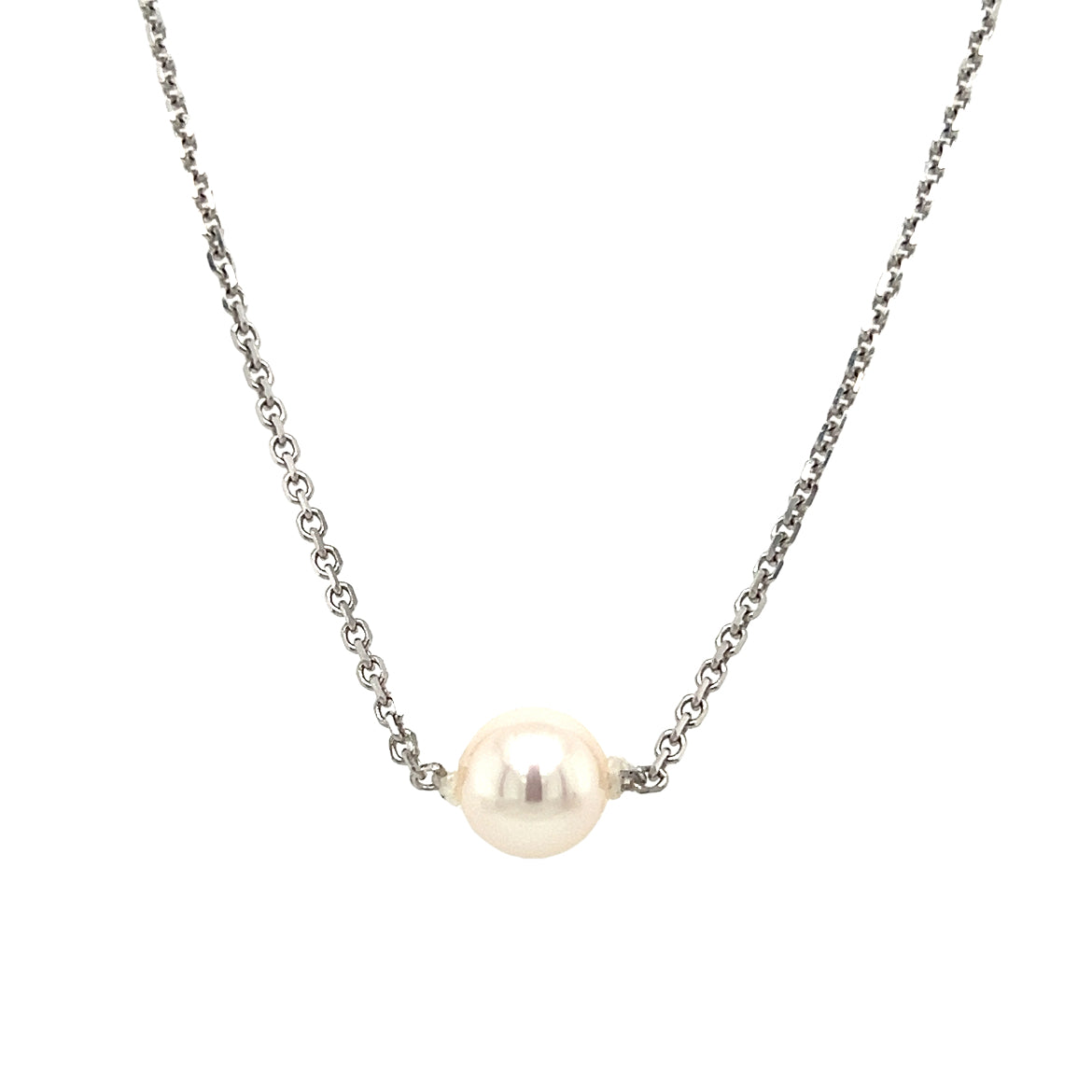 Add-a-Pearl Necklace with One 7mm White Pearl in 14K White Gold. Front View