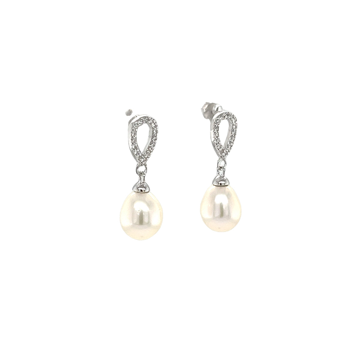 Rice Pearl Dangle Earrings with White Crystals and Sterling Silver Left Side View