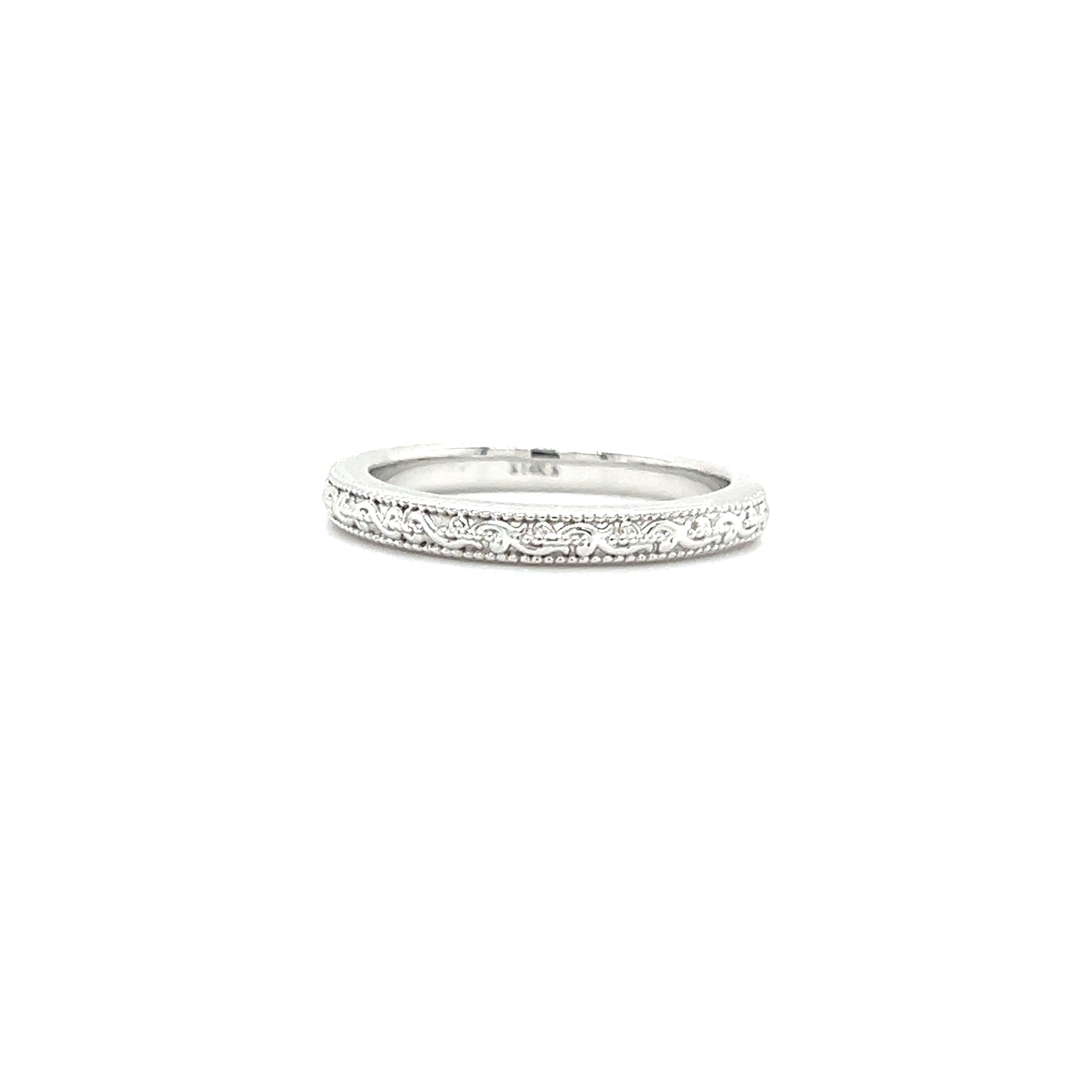 Engraved Ring with Milgrain Edge in 14K White Gold Front View