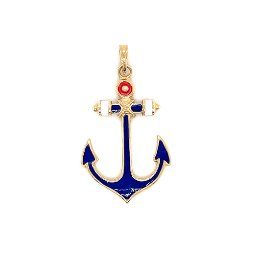 Anchor Pendant with Red White and Blue Enamel in 14K Yellow Gold Front View