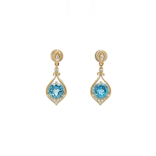 Round Blue Topaz Drop Earrings with Twenty Diamonds in 14K Yellow Gold. Front View