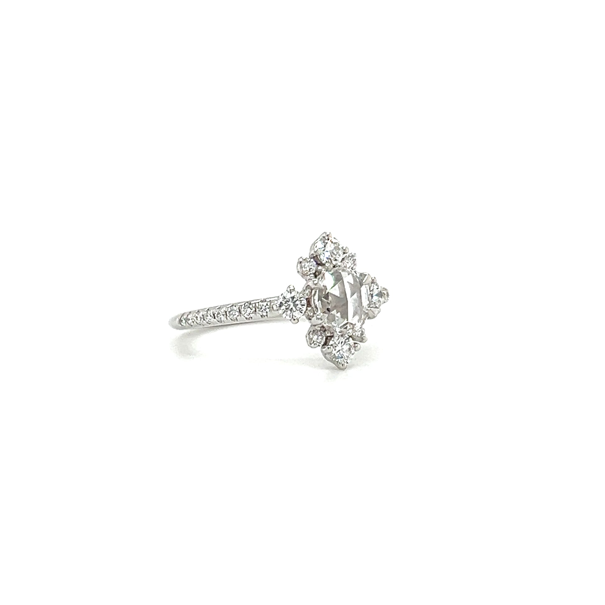 Rose Cut Diamond Ring with 0.83ctw of Diamonds in 18K White Gold. Left Side View