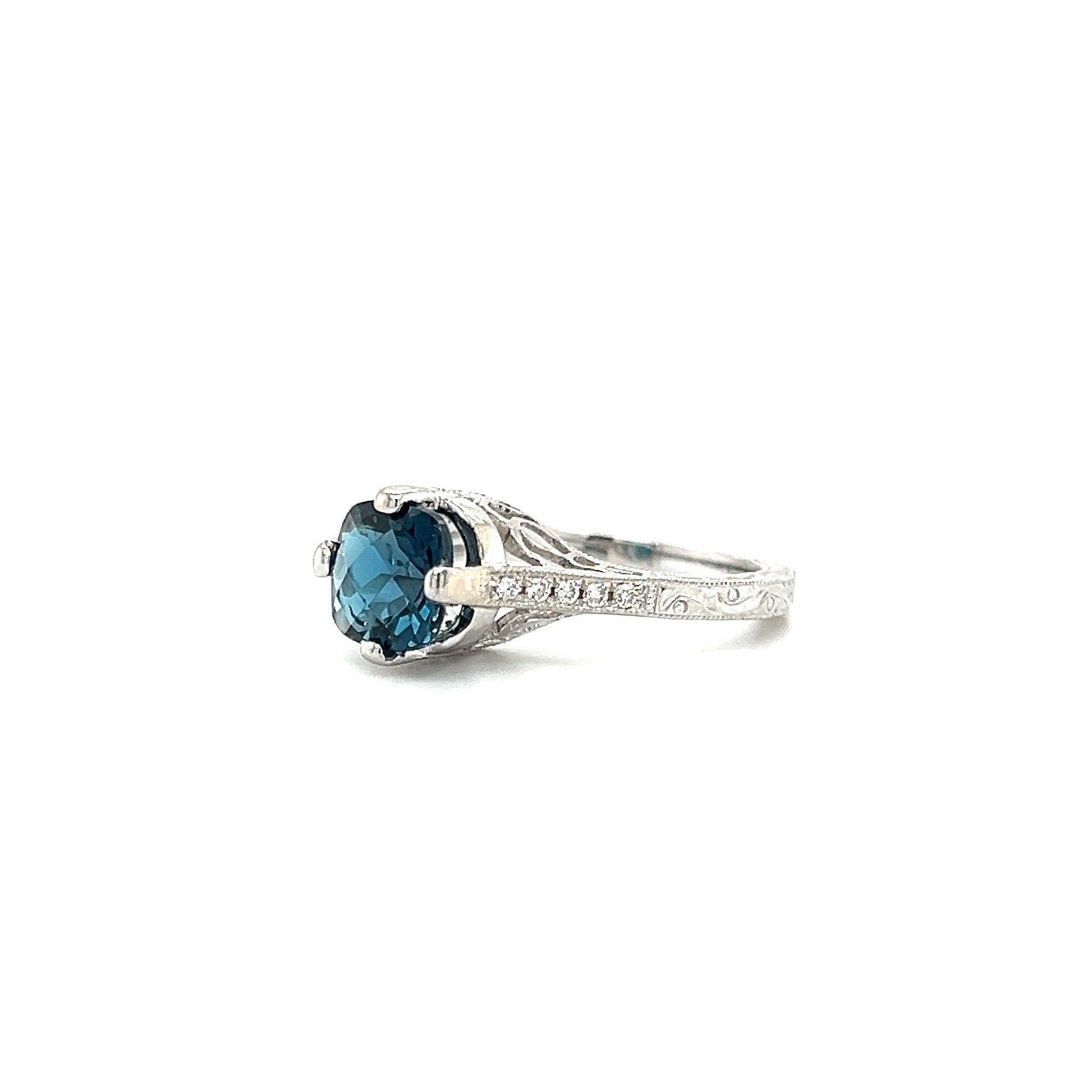 Filigree London Blue Topaz Ring with Side Diamonds in 14K White Gold. Right Side View