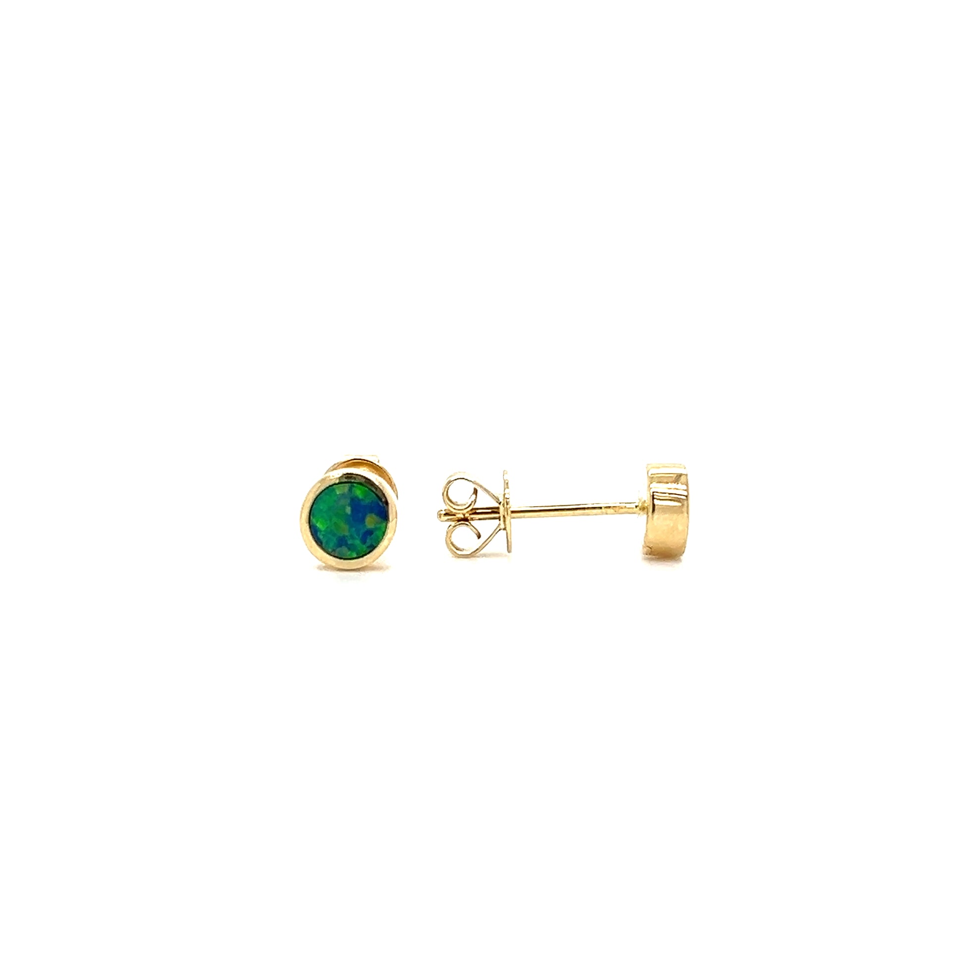 Black Opal Stud Earrings in 14K Yellow Gold Front and Side View