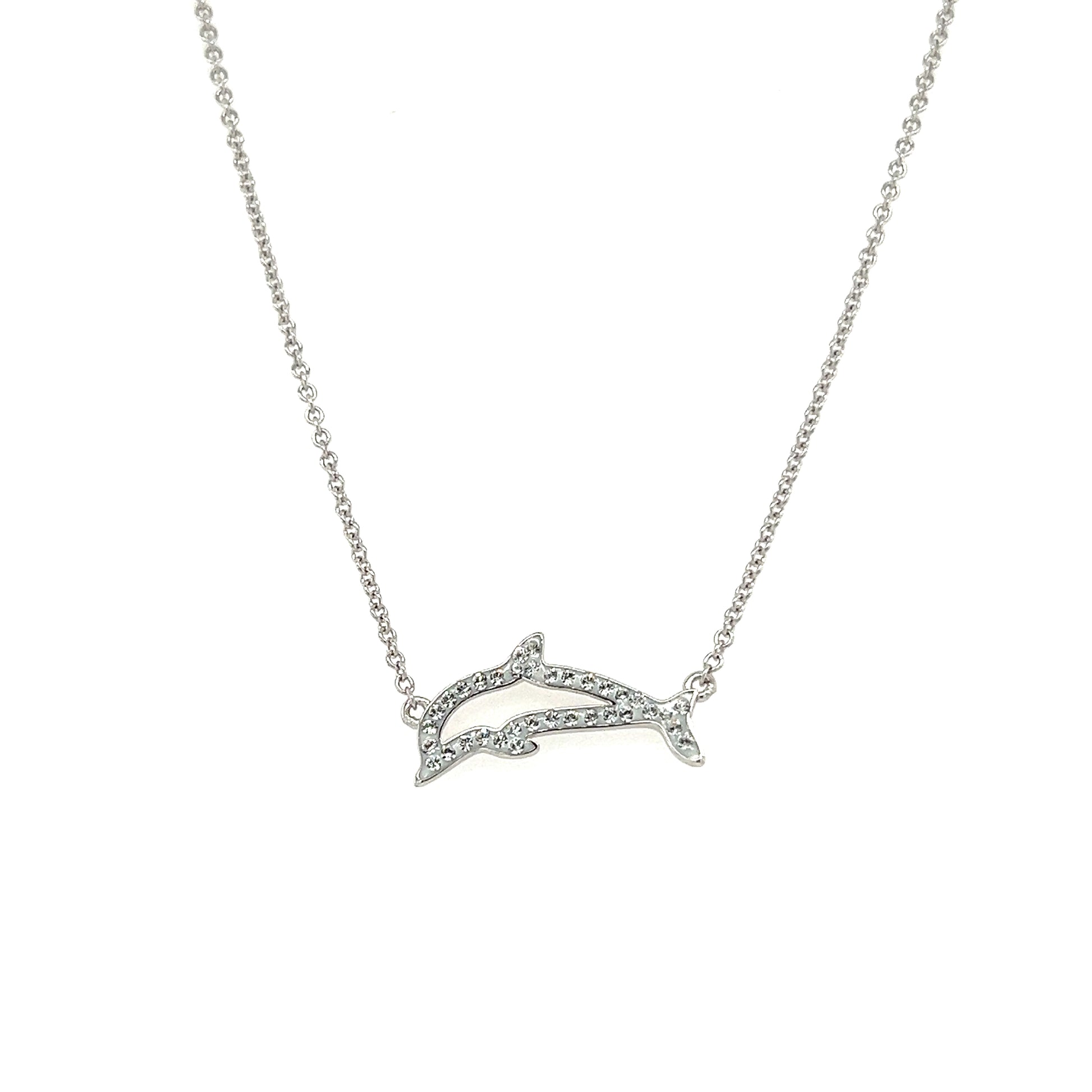 Dolphin Necklace with White Crystals in Sterling Silver Front View