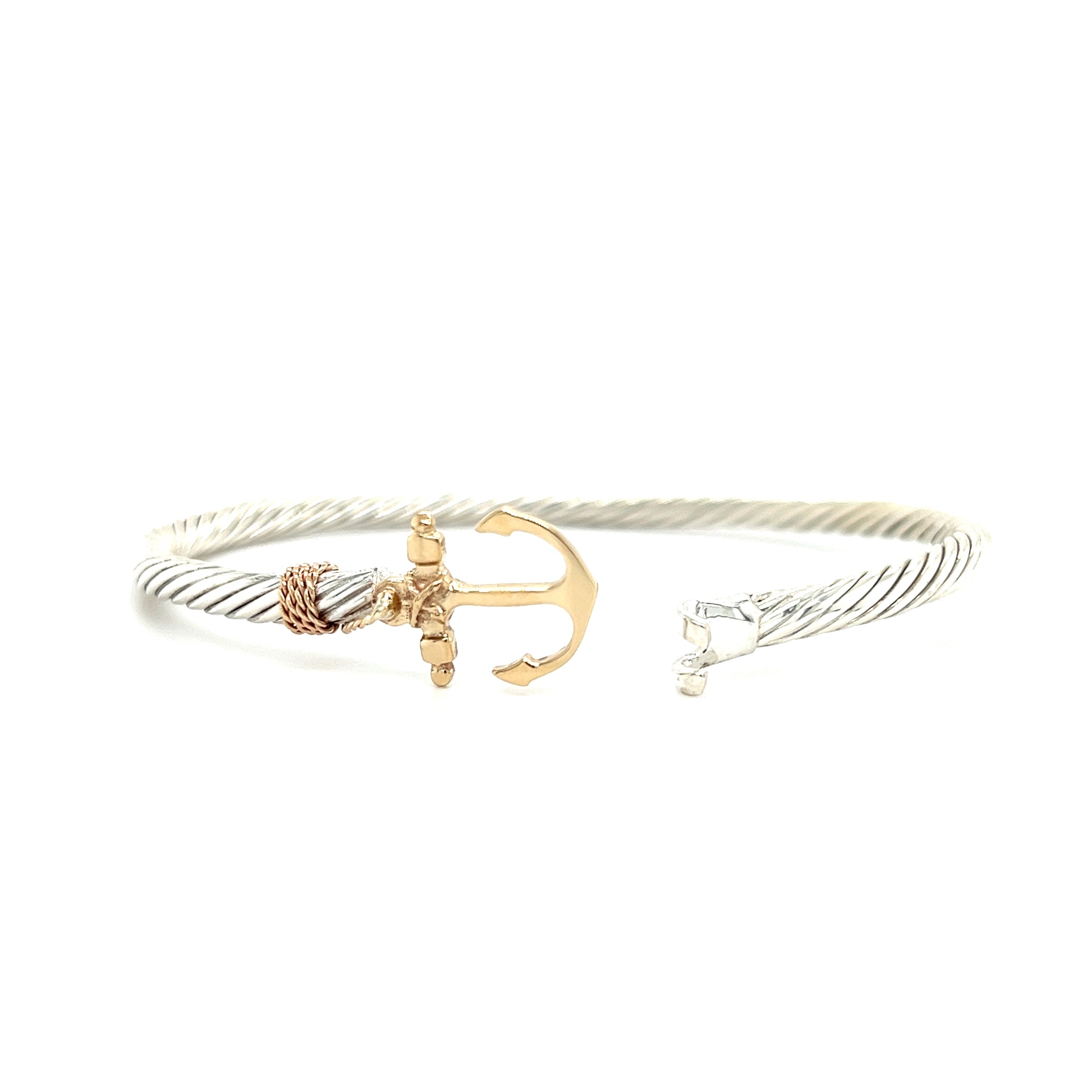 Twisted Cable 3.5mm Bangle Bracelet with 14K Yellow Gold Anchor and Wrap in Sterling Silver Open Clasp