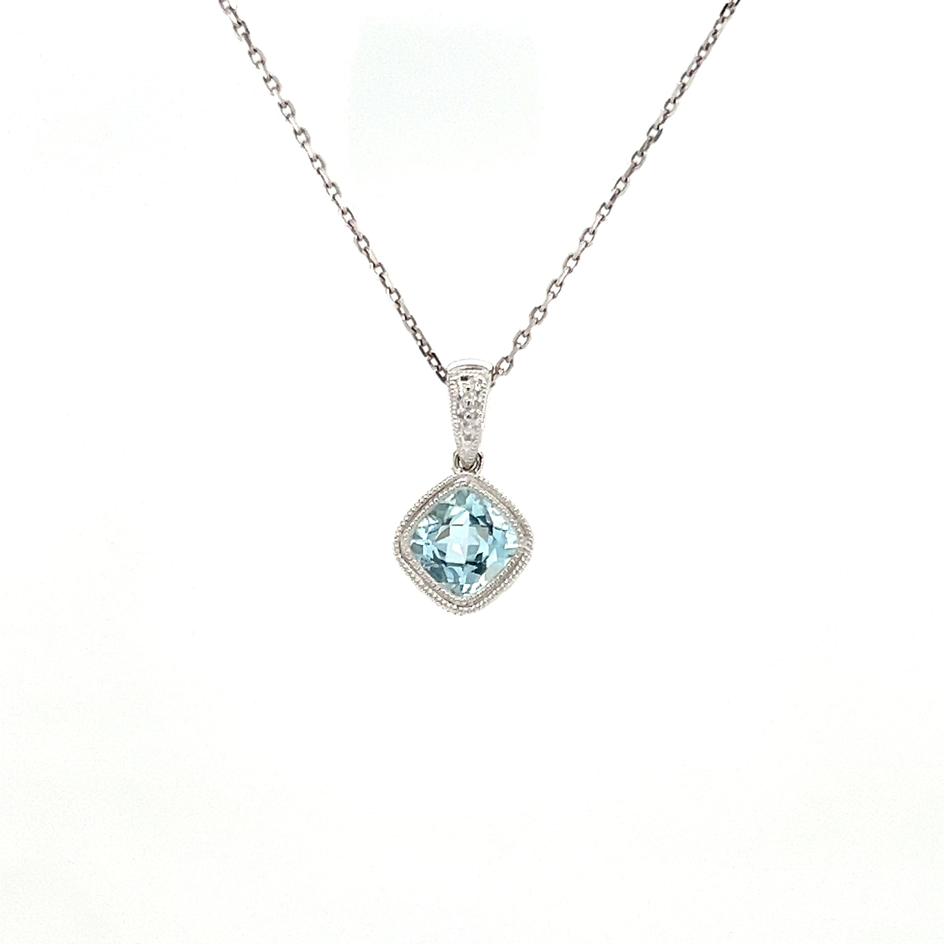 Cushion Aquamarine Pendant with Filigree and Milgrain Details in 14K White Gold Front View