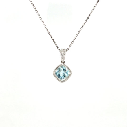 Cushion Aquamarine Pendant with Filigree and Milgrain Details in 14K White Gold Front View