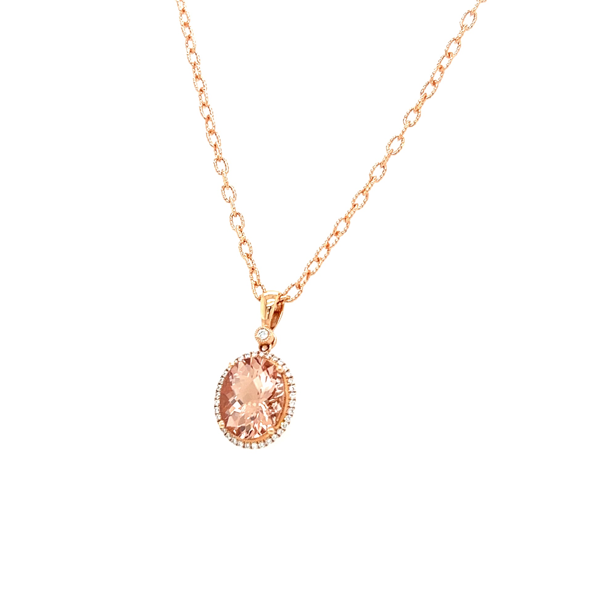Oval Morganite Necklace with Diamond Halo in 14K Rose Gold. Right Side View