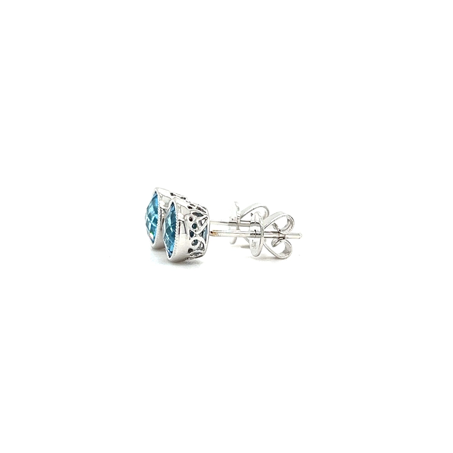 Blue Topaz Stud Earrings with Filigree and Milgrain Details in 14K White Gold Right Profile View