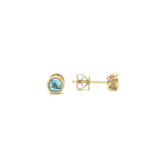 Round Blue Topaz Stud Earrings with Filigree and Milgrain Details in 14K Yellow Gold. Front and Side View