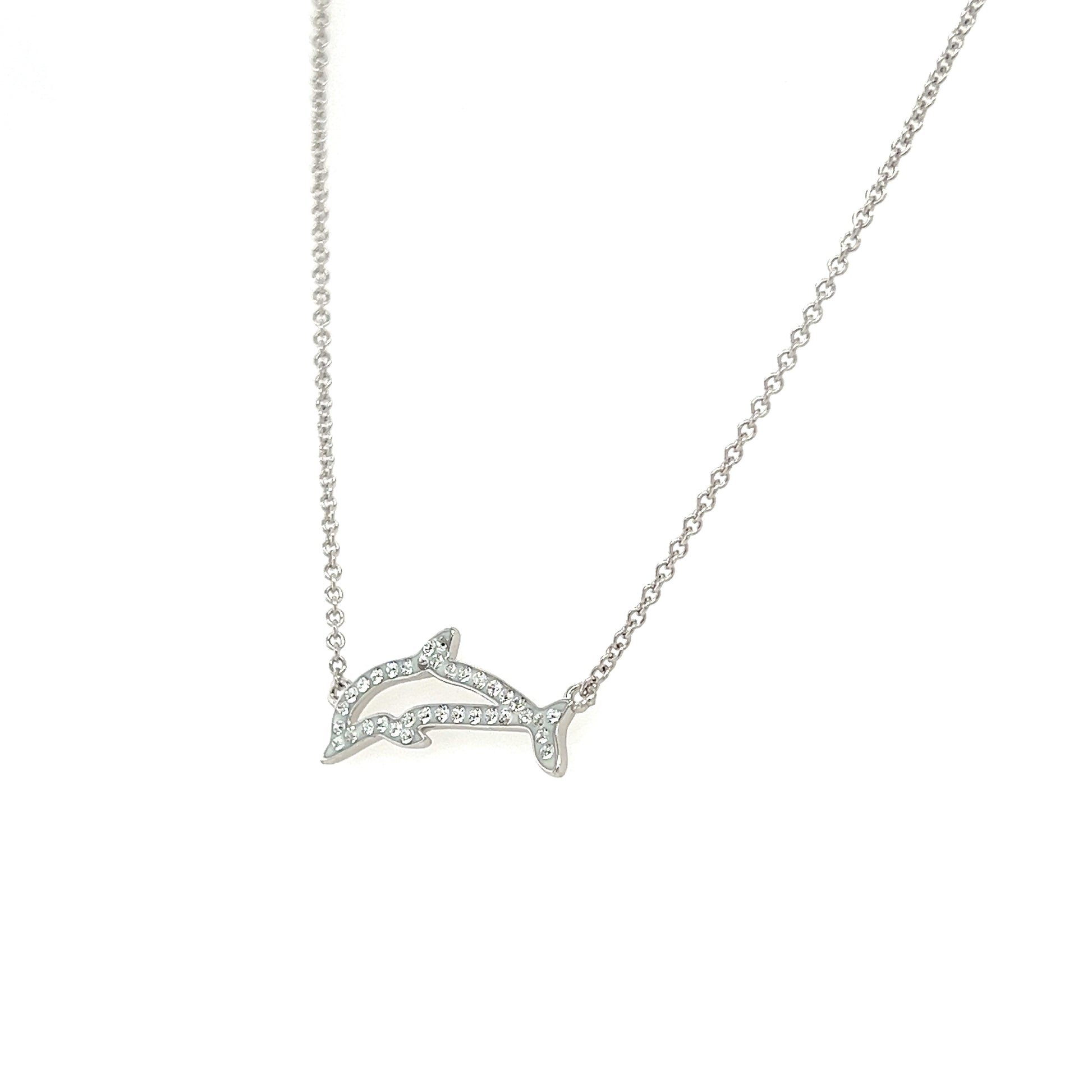 Dolphin Necklace with White Crystals in Sterling Silver Right Side View