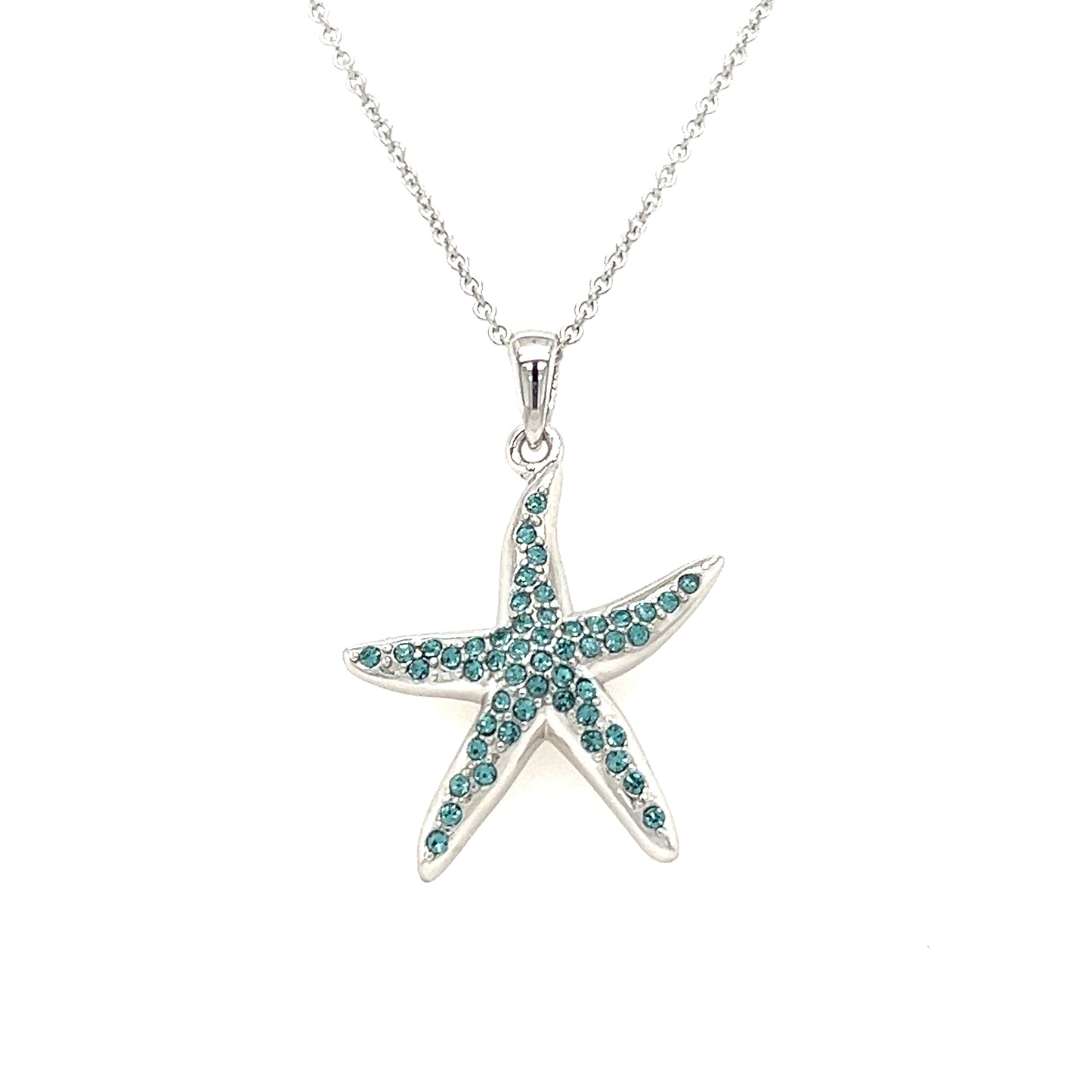 Starfish Necklace with Aquamarine Crystals in Sterling Silver Front View