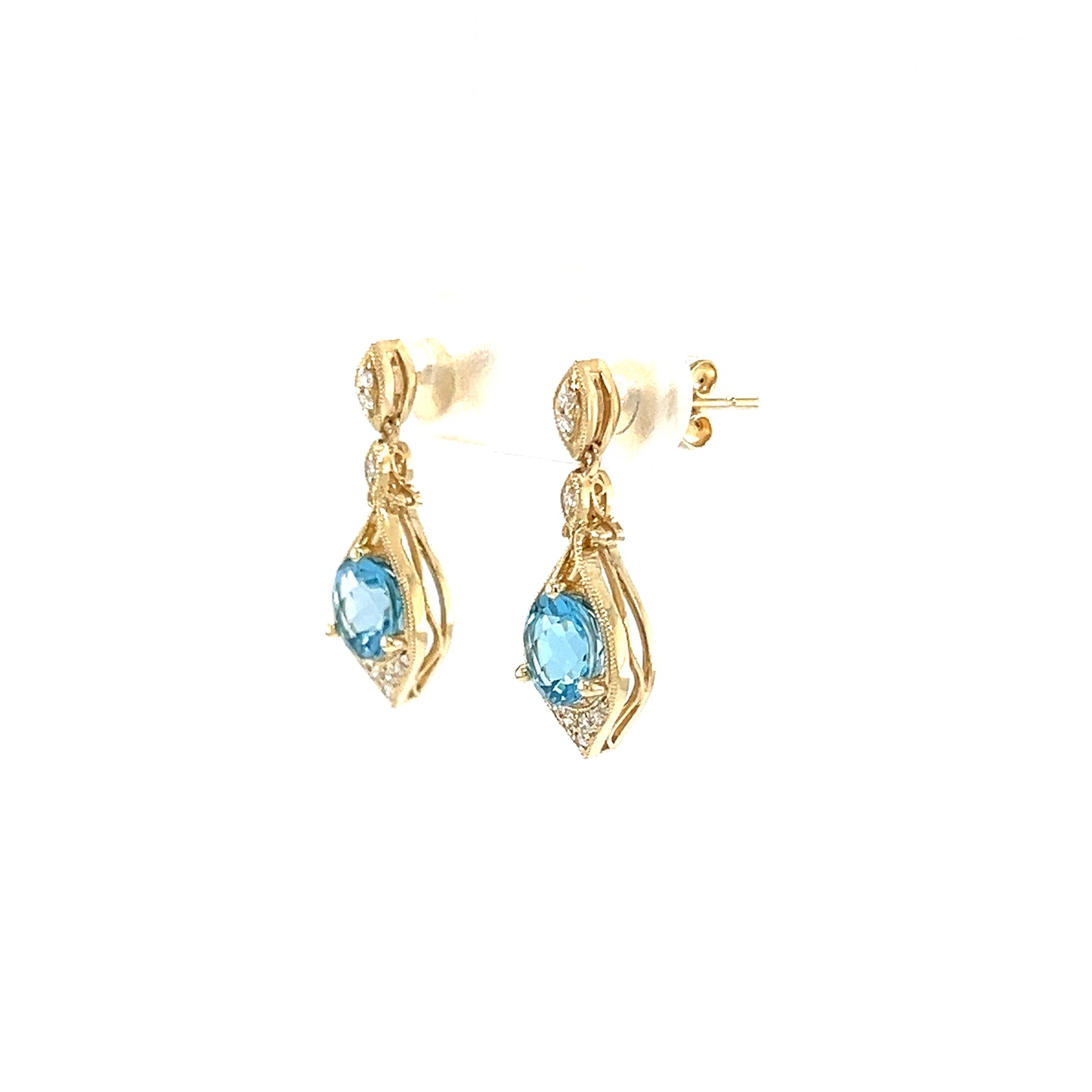 Round Blue Topaz Drop Earrings with Twenty Diamonds in 14K Yellow Gold. Right Side View