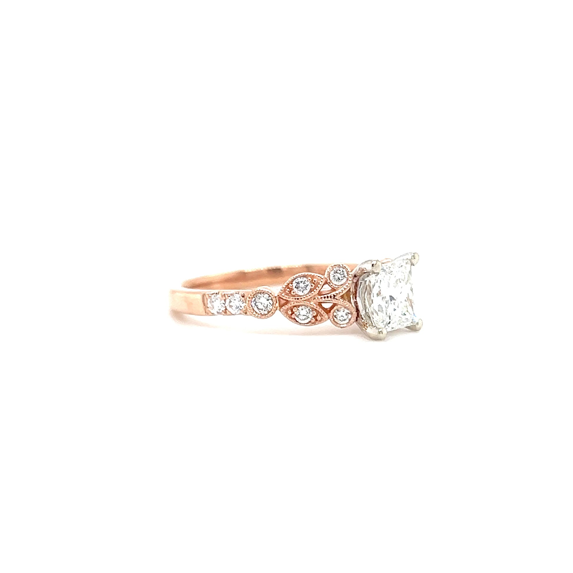 Floral 0.92ct Diamond Ring with 0.26ctw of Side Diamonds in 14K White and Rose Gold Left Side View