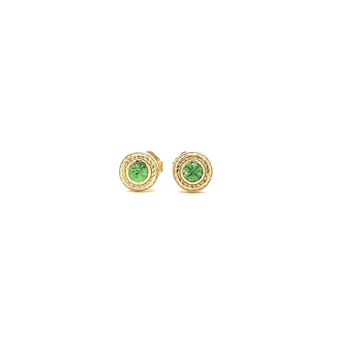 Round Tsavorite Stud Earrings with Rope Details in 14K Yellow Gold Front View