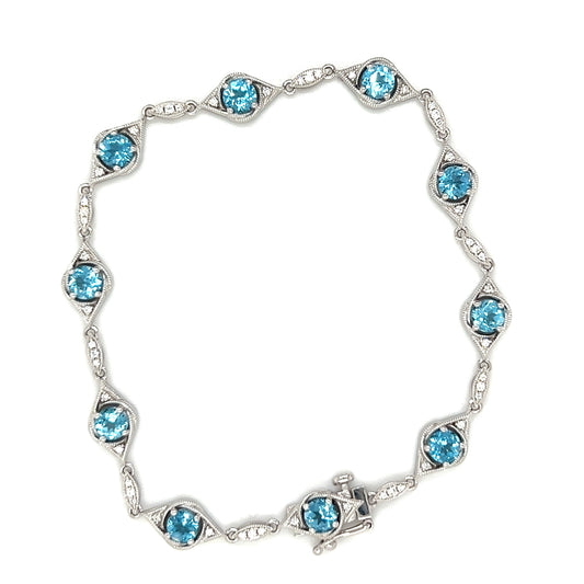 Blue Topaz Link Bracelet with Fifty Diamonds in 14K White Gold Top View