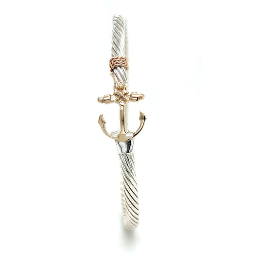 Twisted Cable 3.5mm Bangle Bracelet with 14K Yellow Gold Anchor and Wrap in Sterling Silver Front View