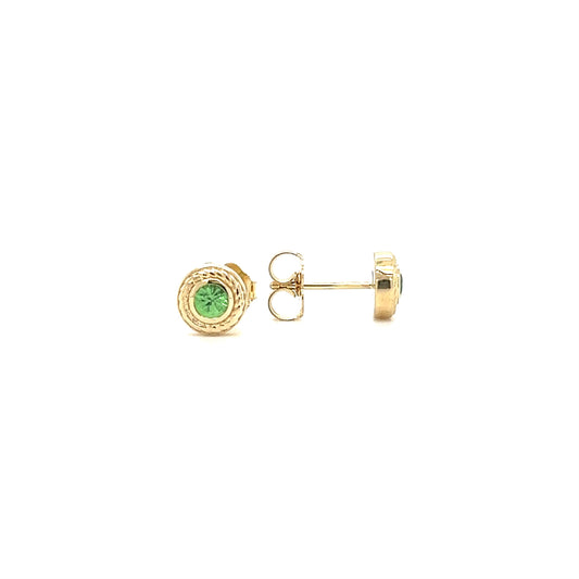 Round Tsavorite Stud Earrings with Rope Details in 14K Yellow Gold Front and Side View