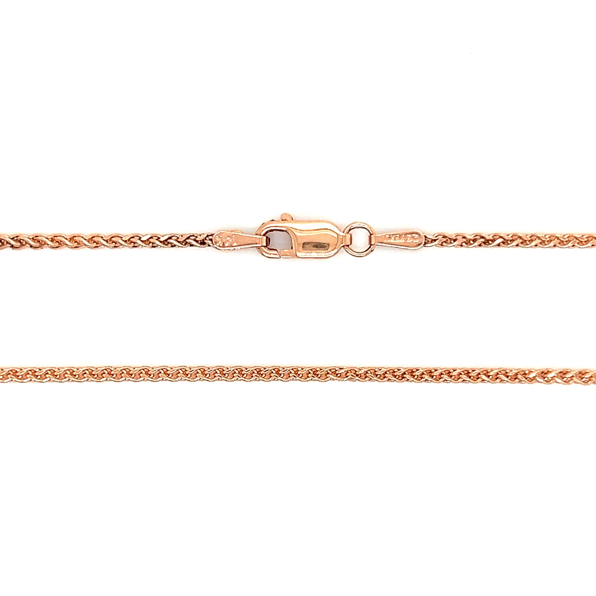 Wheat Chain 1.7mm with 16 Inches of Length in 14K Rose Gold. Clasp and Chain View