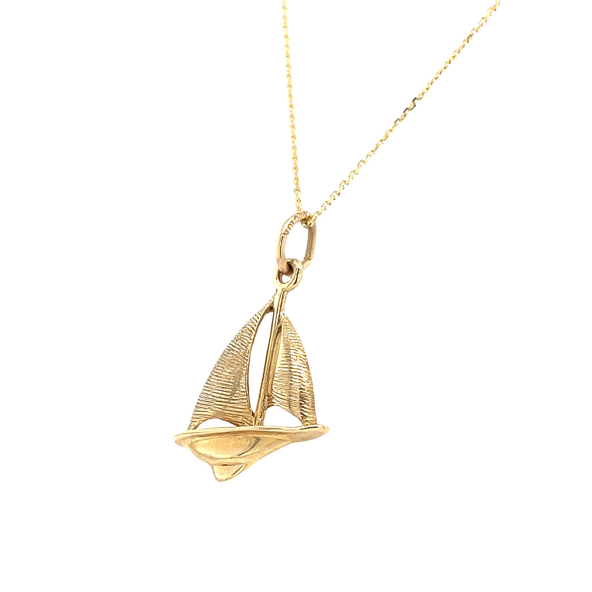 Sloop Sailboat Charm with Textured Sails in 14K Yellow Gold. Charm and Chain Right Side View