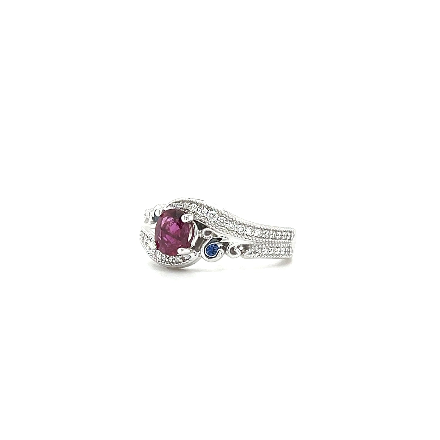 Bypass Ruby Ring with Two Sapphires and Forty-Two Side Diamonds in 14K White Gold Right Side View