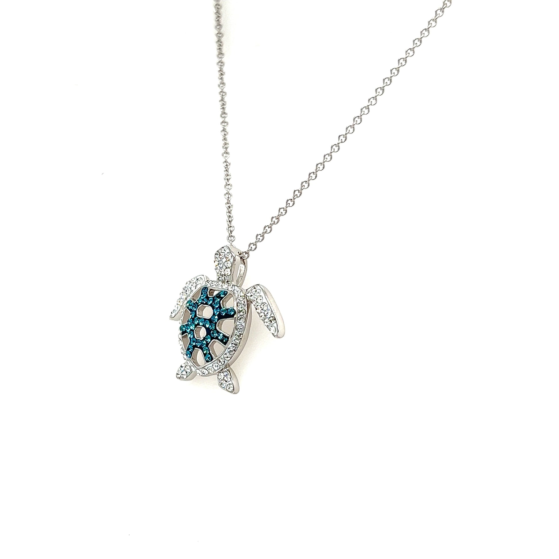 Turtle Necklace with Blue and White Crystals in Sterling Silver Right Side View