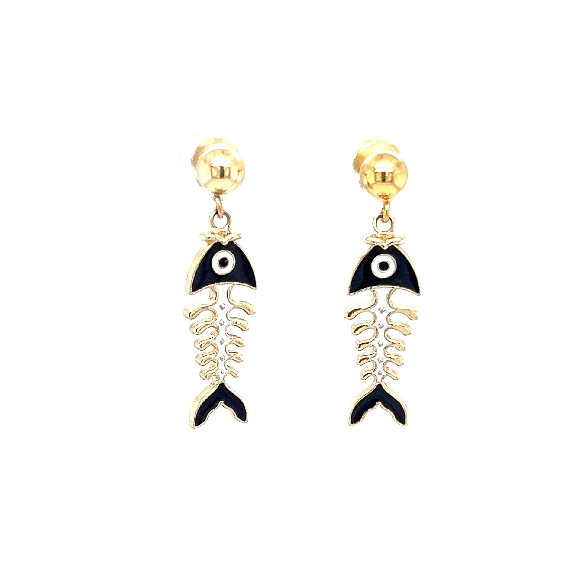 Fish Skeleton Dangle Earrings with Blue Enamel in 14K Yellow Gold Front View