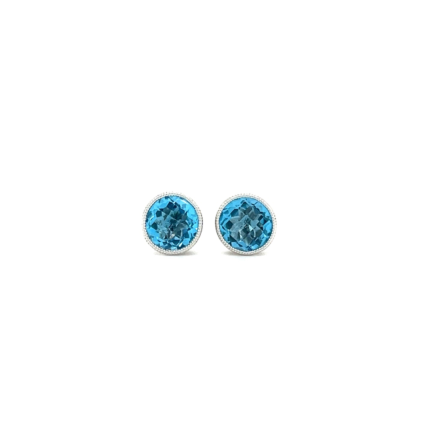 Blue Topaz Stud Earrings with Filigree and Milgrain Details in 14K White Gold Front View