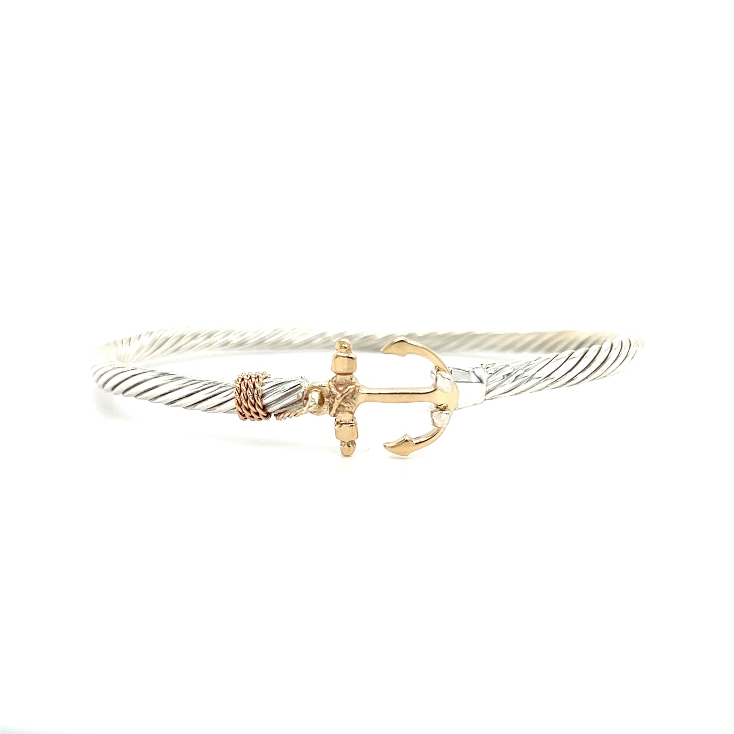 Twisted Cable 3.5mm Bangle Bracelet with 14K Yellow Gold Anchor and Wrap in Sterling Silver Front Flat View