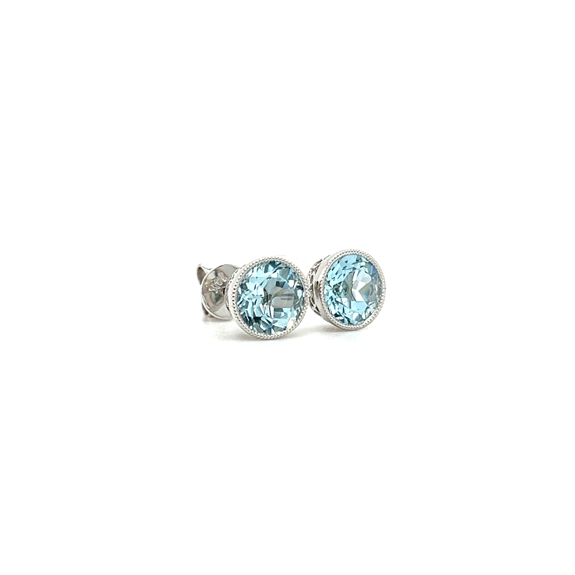 Aquamarine Stud Earrings with Filigree and Milgrain Details in 14K White Gold Left Side View