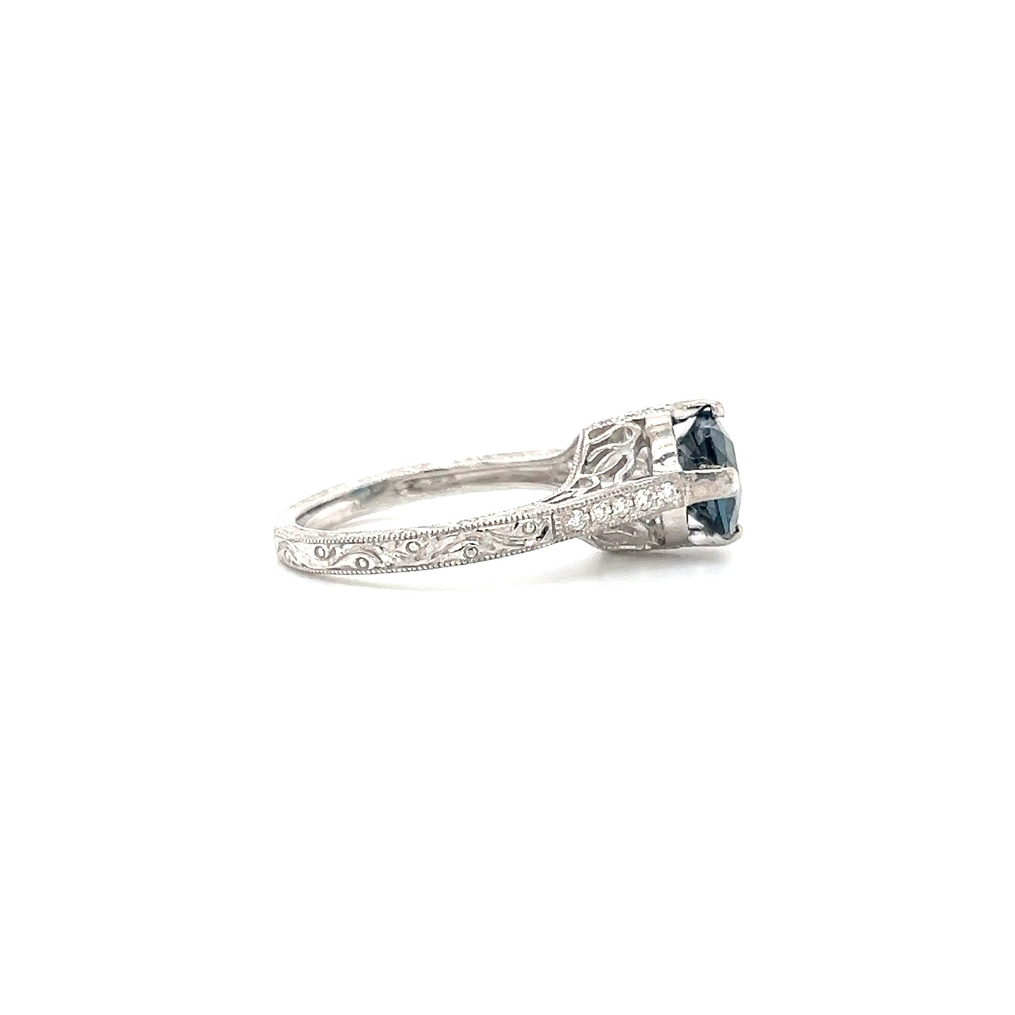 Filigree London Blue Topaz Ring with Side Diamonds in 14K White Gold. Left Profile