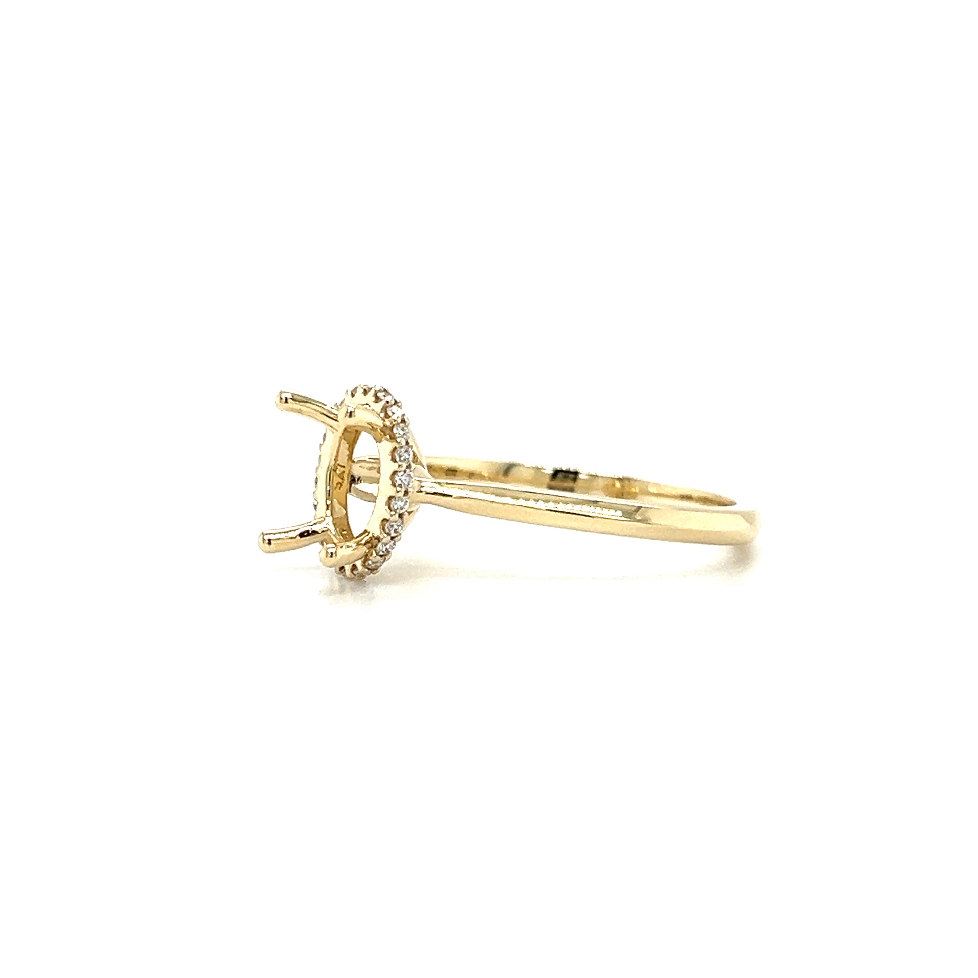 Oval Ring Setting with Hidden Diamond Halo in 14K Yellow Gold. Right Side View