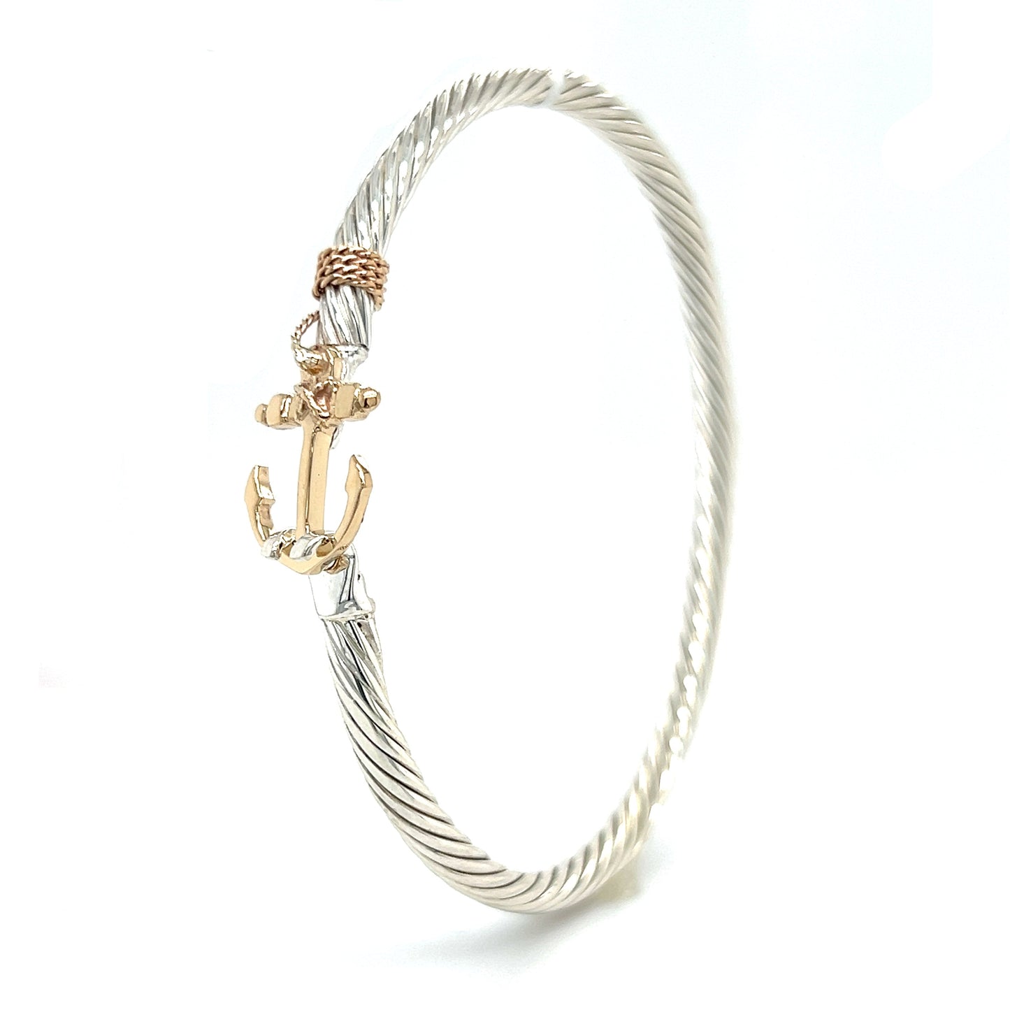 Twisted Cable 3.5mm Bangle Bracelet with 14K Yellow Gold Anchor and Wrap in Sterling Silver Right Side View